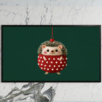 Hedgehog ornament art on a black TV on a white marble wall