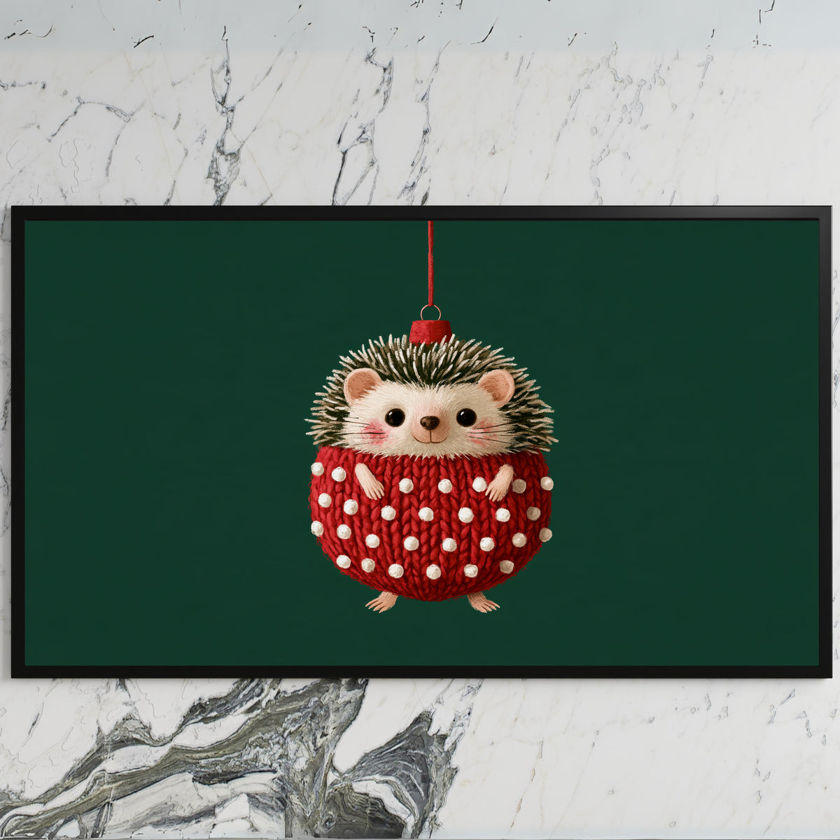 Hedgehog ornament art on a black TV on a white marble wall