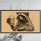 Beer raccoon art on a black TV on a white marble wall