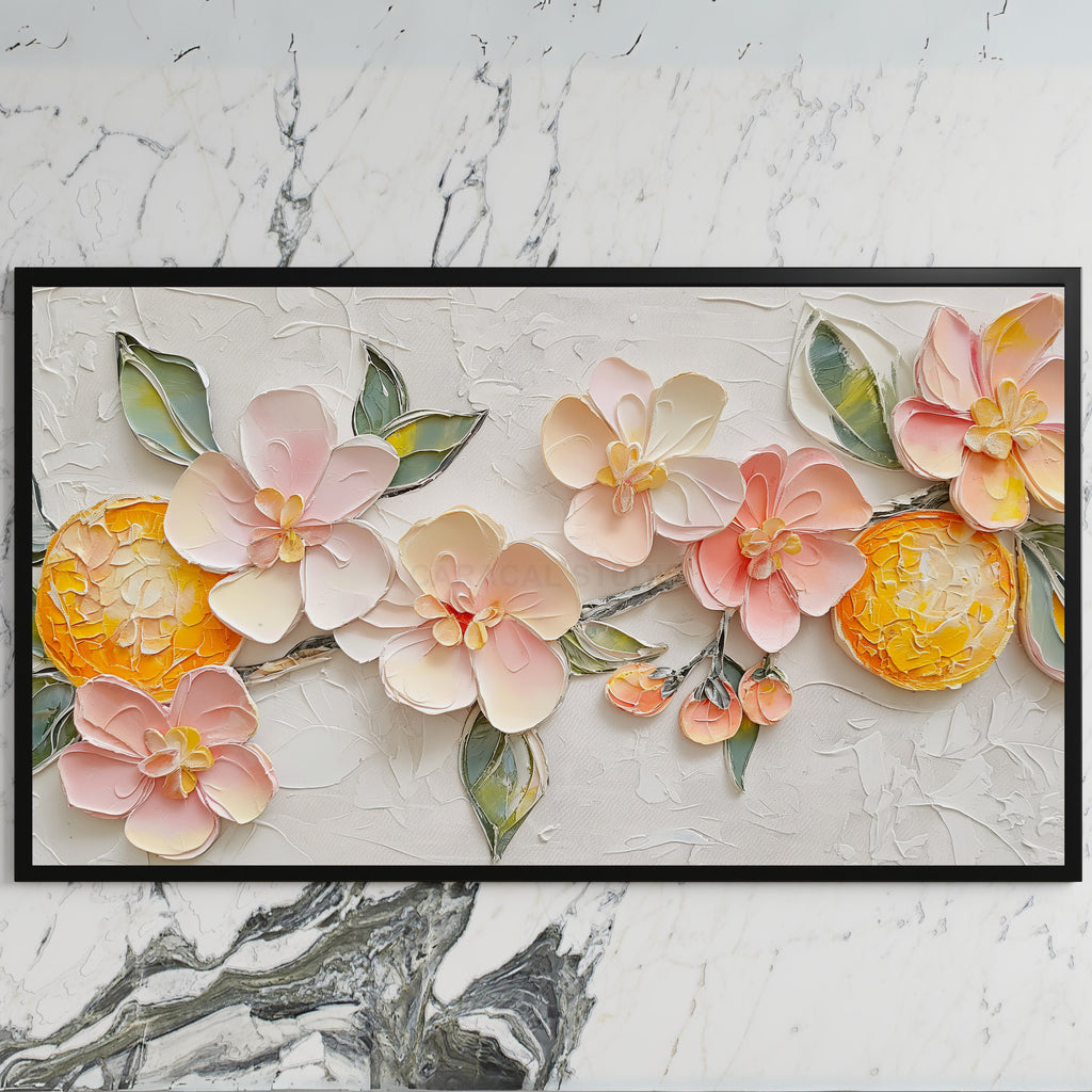 Blossom and orange art on a black TV on a white marble wall