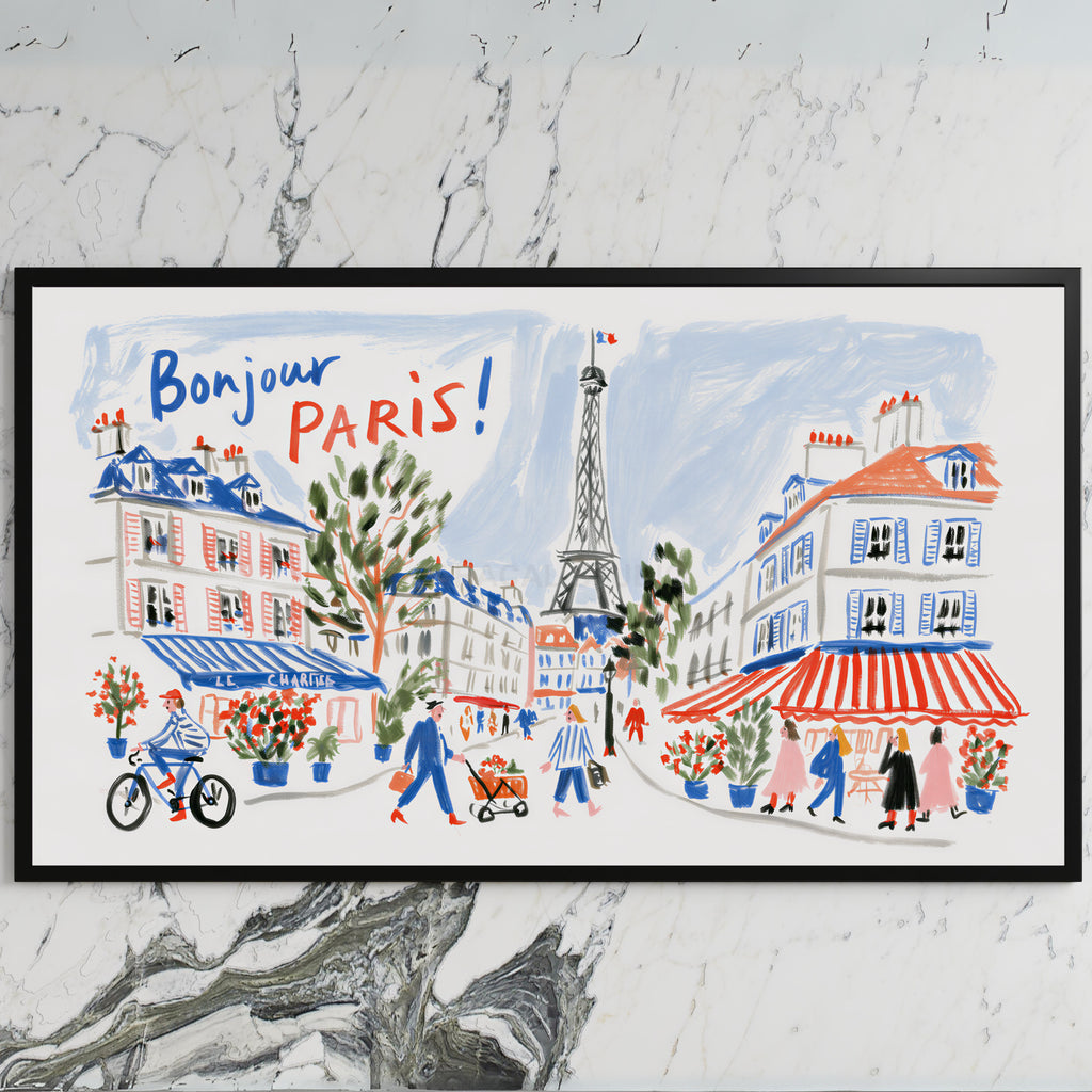 Bonjour Paris art on a black TV on a white marble wall