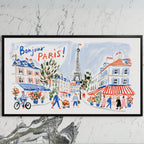 Bonjour Paris art on a black TV on a white marble wall