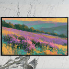 Heather hills art on a black TV on a white marble wall
