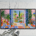 Mediterranean garden view art on a black TV on a white marble wall