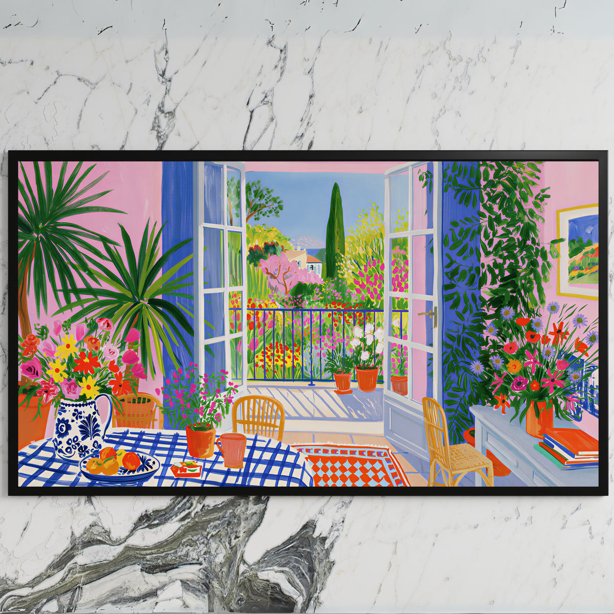 Mediterranean garden view art on a black TV on a white marble wall