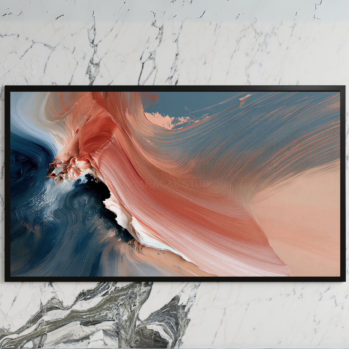 Coral and navy abstract art on a black TV on a white marble wall