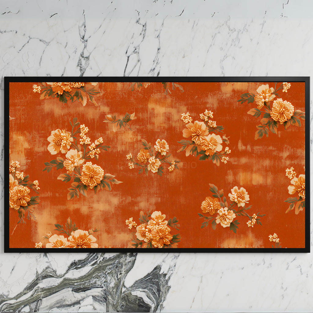 Beaded flowers art on a black TV on a white marble wall