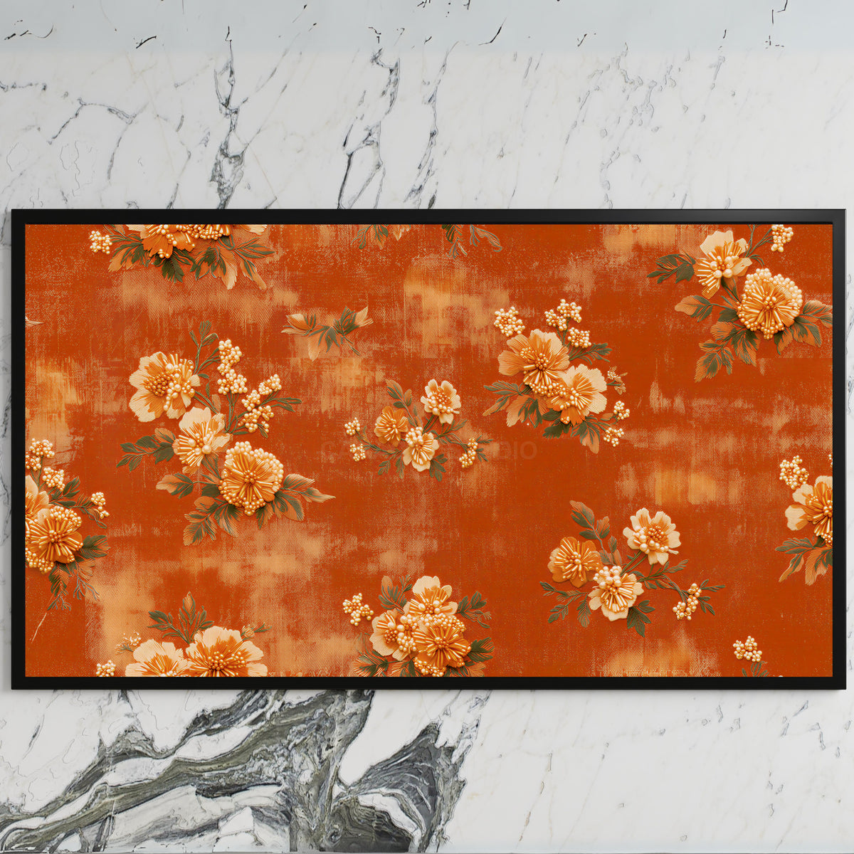 Beaded flowers art on a black TV on a white marble wall