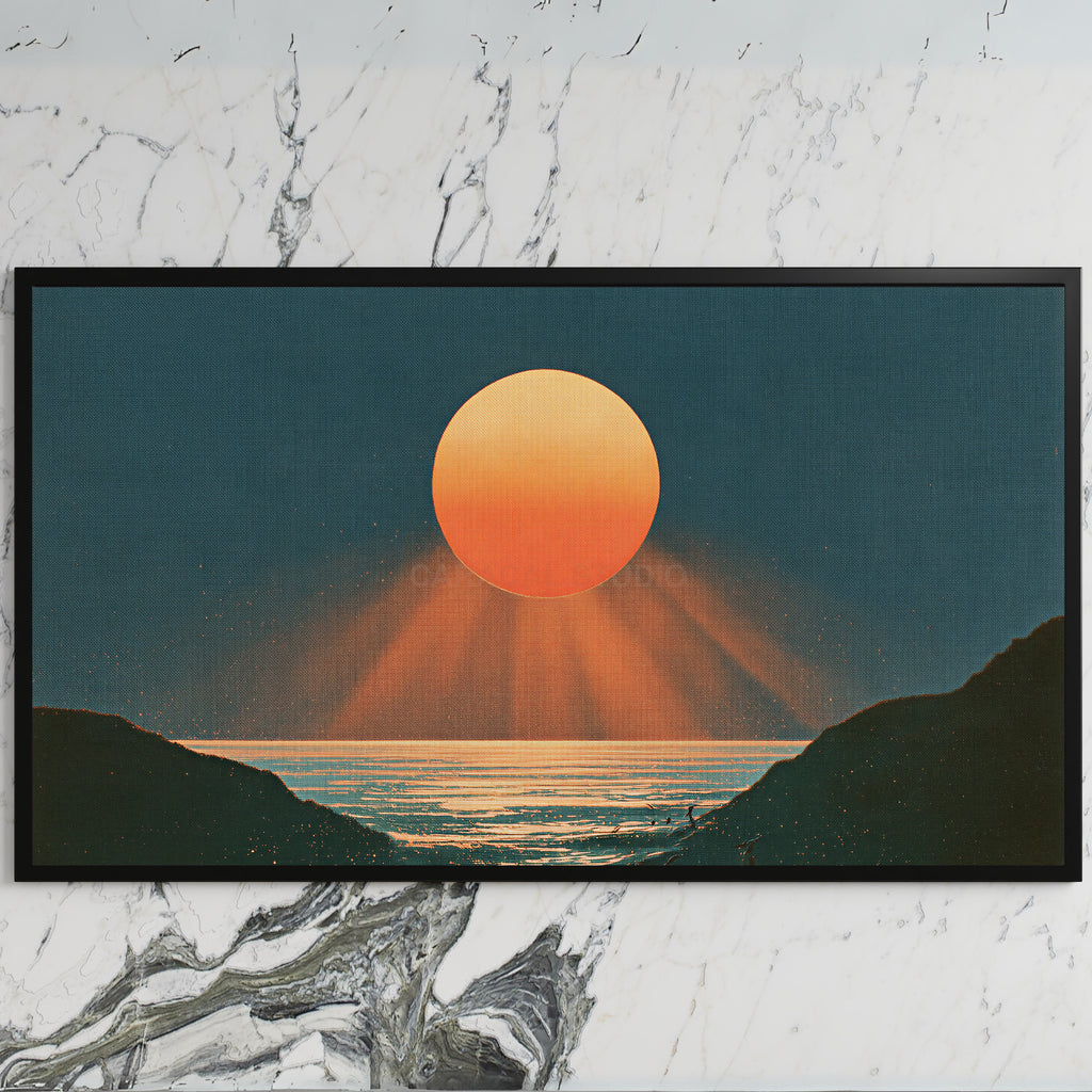 Ocean sunset art on a black TV on a white marble wall