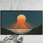 Ocean sunset art on a black TV on a white marble wall