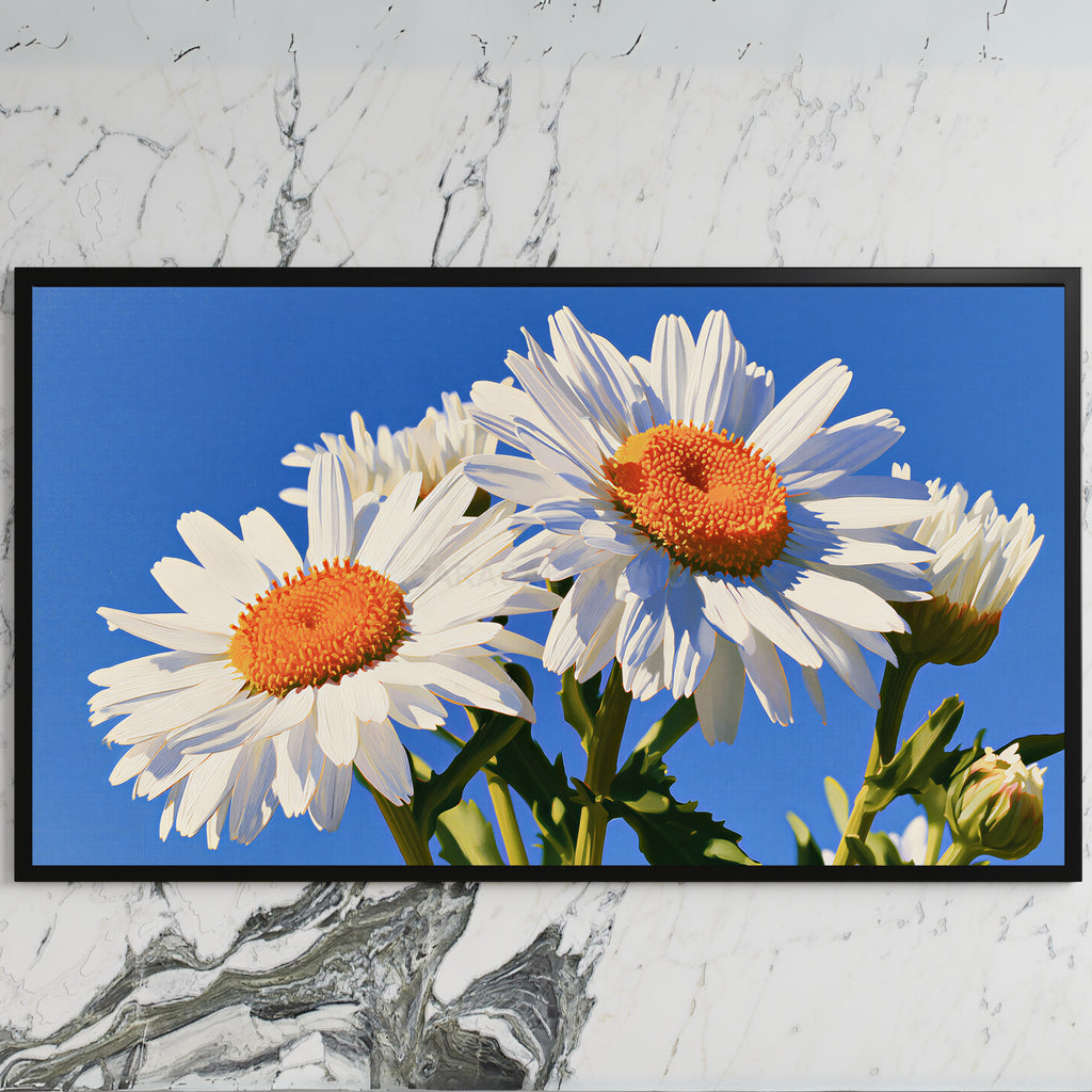 Daisy art on a black TV on a white marble wall
