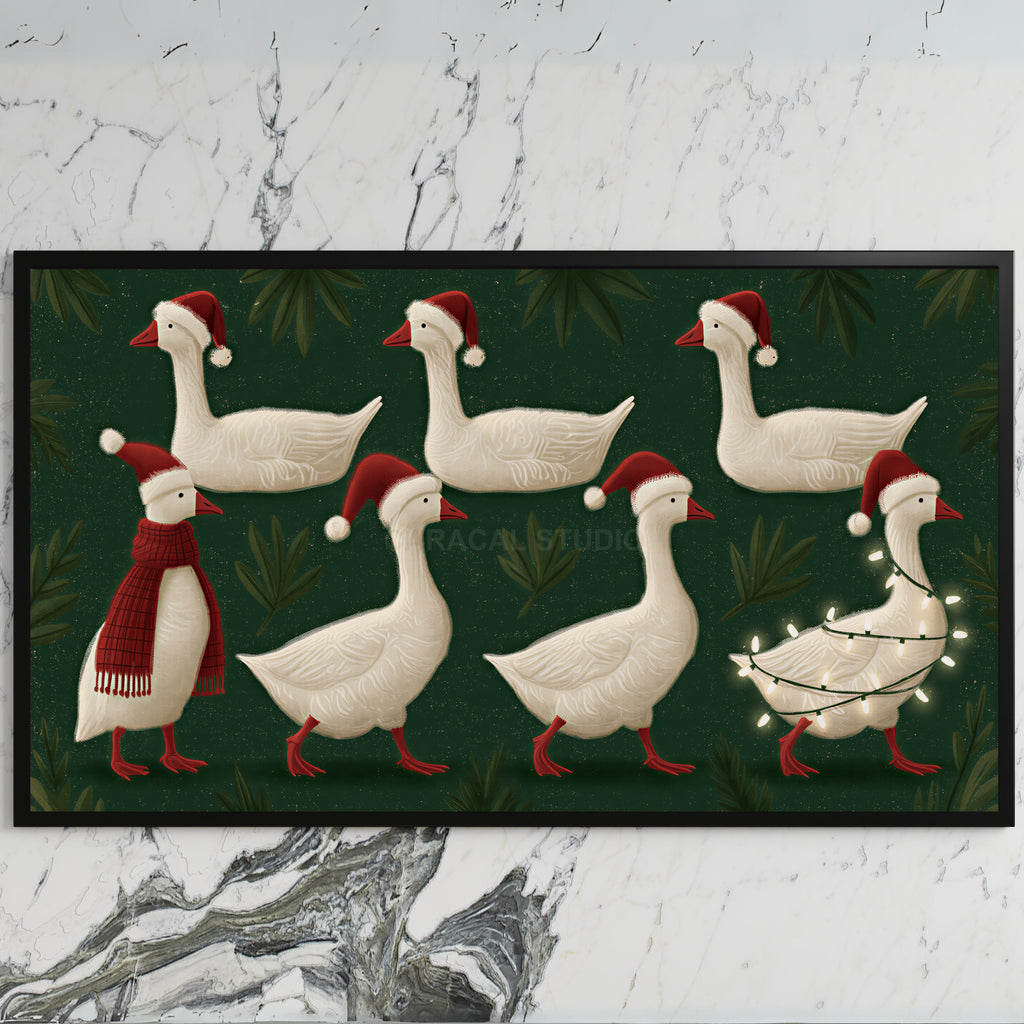 Geese in Santa hats art on a black TV on a white marble wall