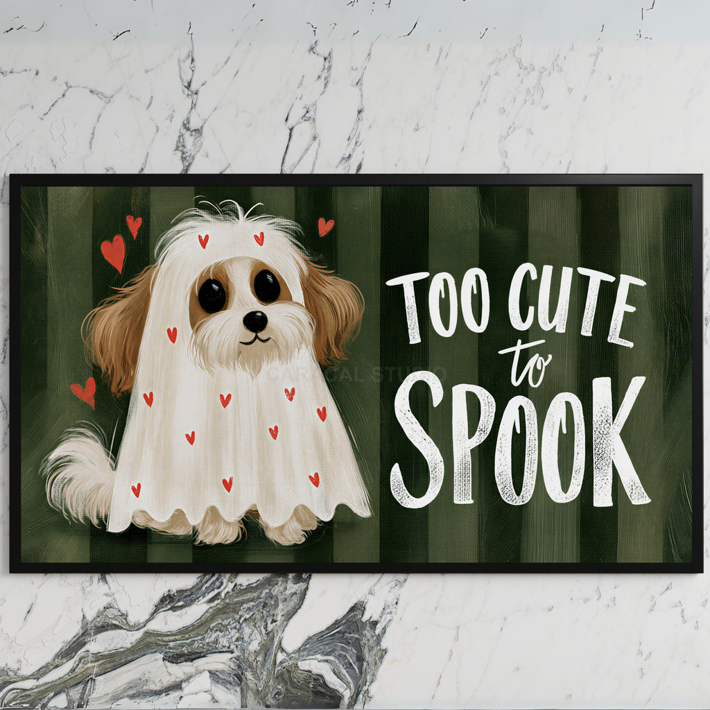 Dog ghost art on a black TV on a white marble wall