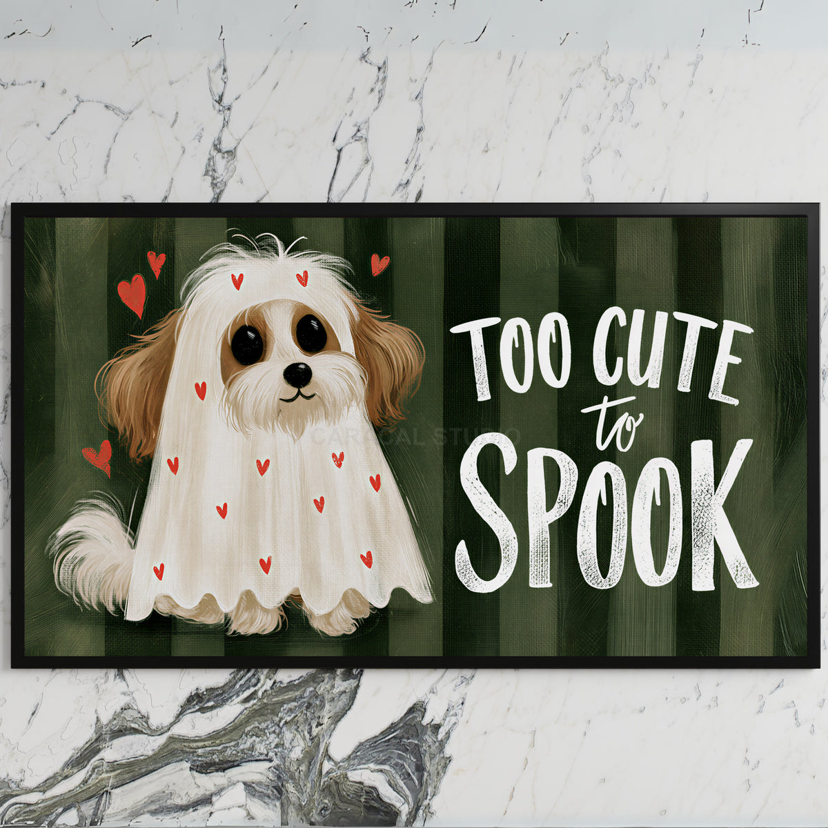 Dog ghost art on a black TV on a white marble wall