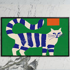 Blue striped cat art on a black TV on a white marble wall