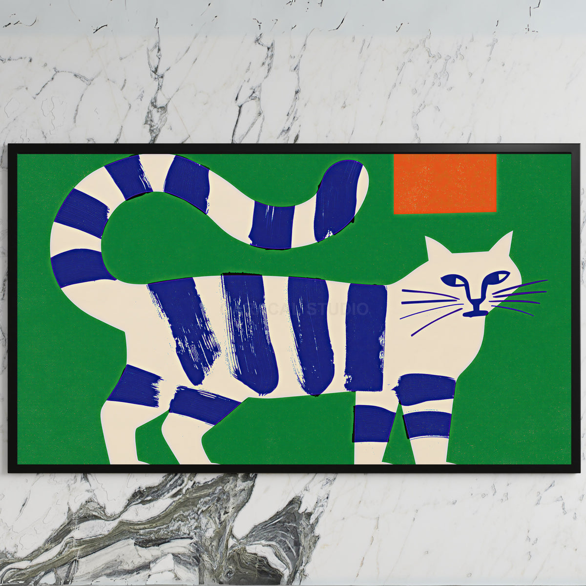 Blue striped cat art on a black TV on a white marble wall