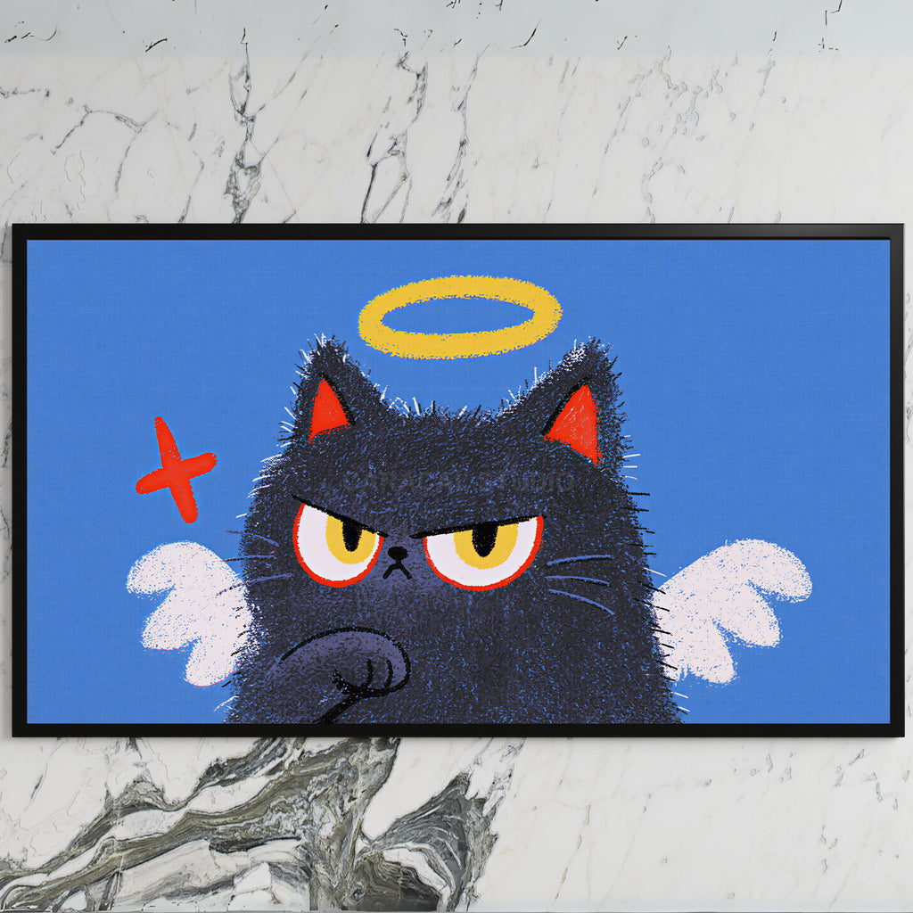 Angel kitten art on a black TV on a white marble wall