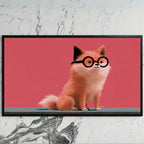 Dog in glasses art on a black TV on a white marble wall
