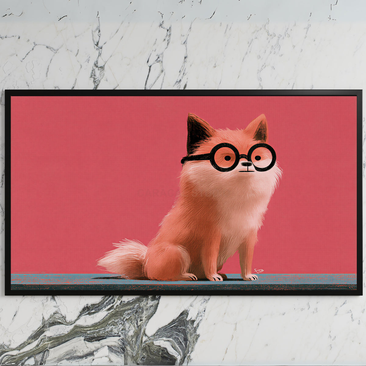 Dog in glasses art on a black TV on a white marble wall