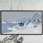 Snowy seaside village art on a black TV on a white marble wall
