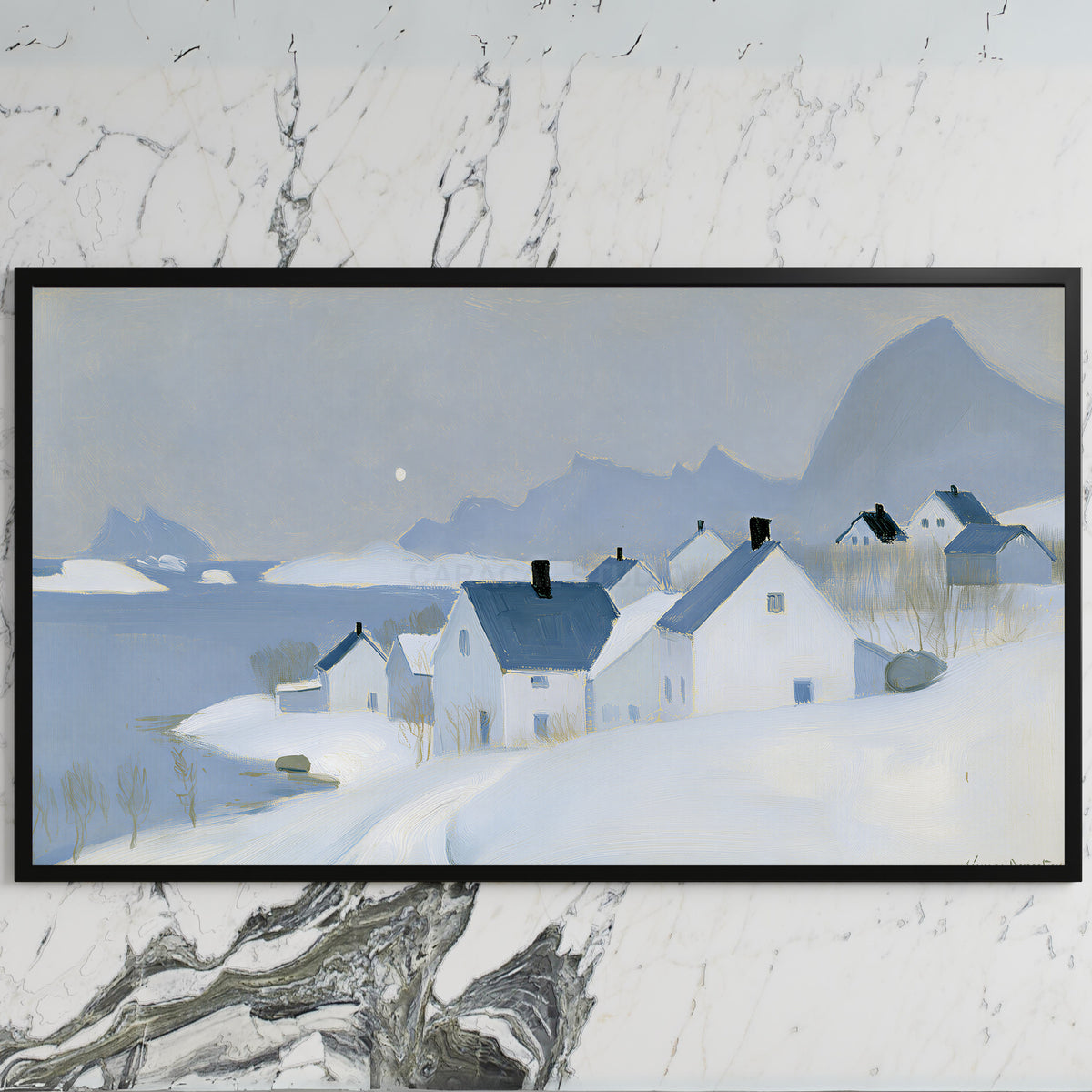 Snowy seaside village art on a black TV on a white marble wall
