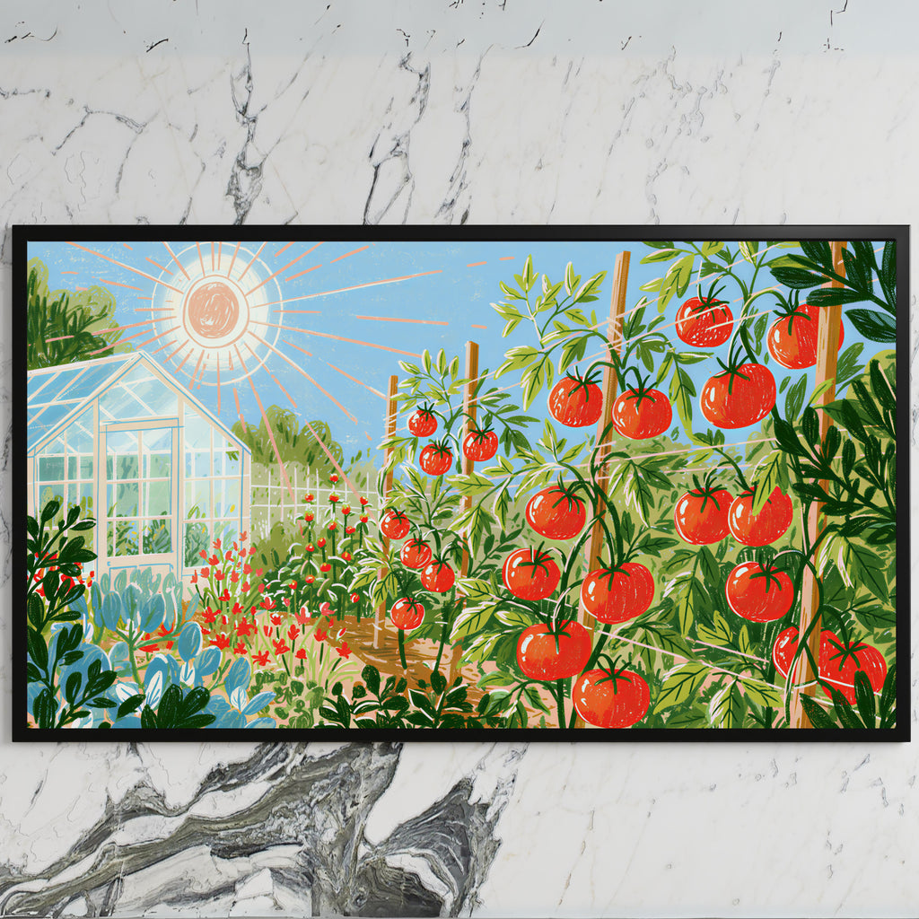 Tomato garden art on a black TV on a white marble wall