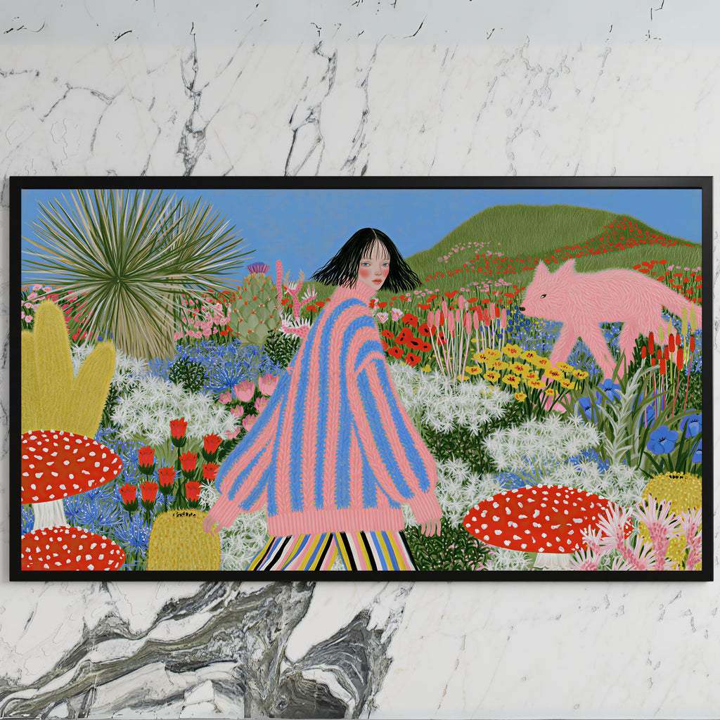 Flower garden and pink fox art on a black TV on a white marble wall