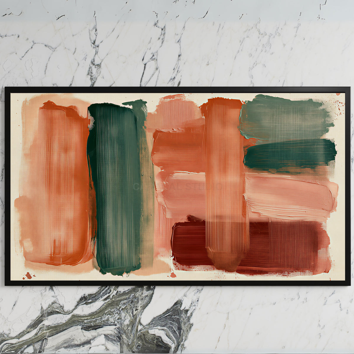 Boho brushstroke art on a black TV on a white marble wall