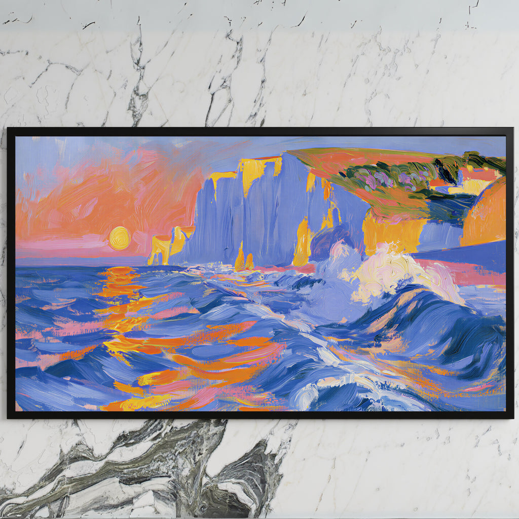 Sunset sea cliffs art on a black TV on a white marble wall
