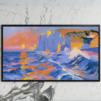 Sunset sea cliffs art on a black TV on a white marble wall