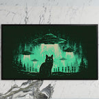 Black cat UFO art on a black TV on a white marble wall