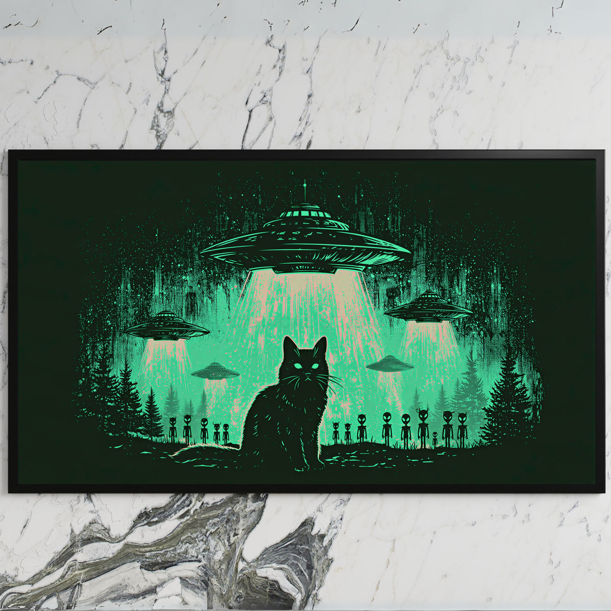 Black cat UFO art on a black TV on a white marble wall