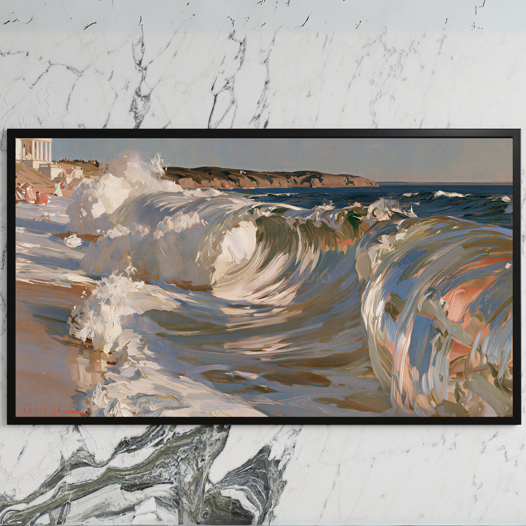 Crashing ocean waves art on a black TV on a white marble wall