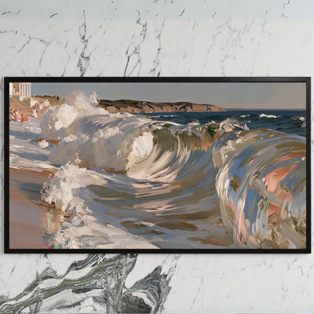 Crashing ocean waves art on a black TV on a white marble wall