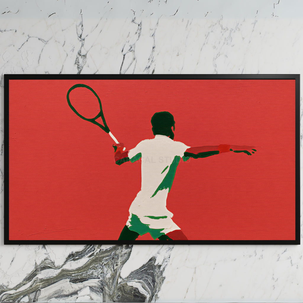 Tennis player art on a black TV on a white marble wall