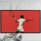 Tennis player art on a black TV on a white marble wall
