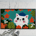 Autumn cat art on a black TV on a white marble wall