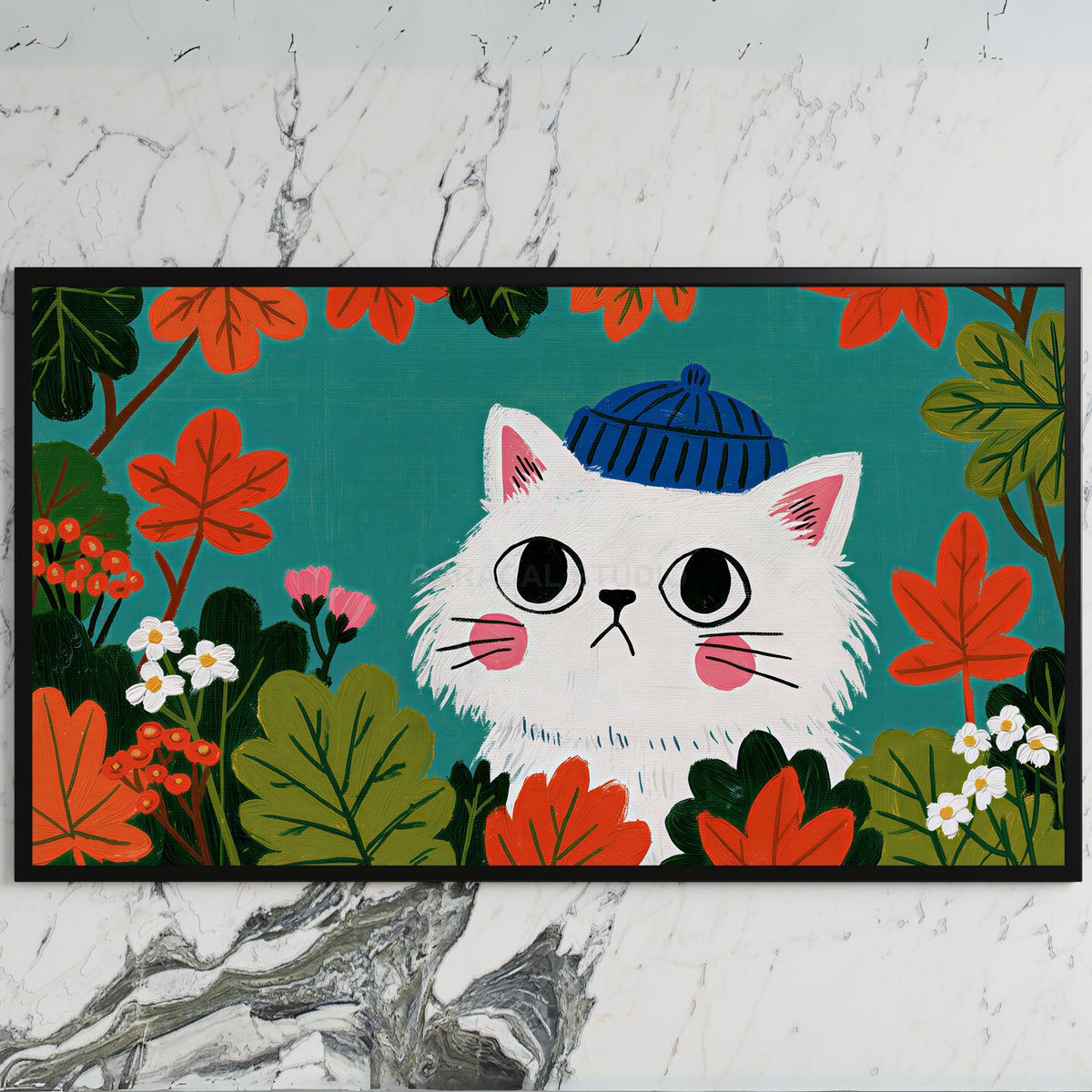 Autumn cat art on a black TV on a white marble wall