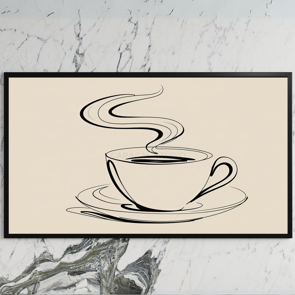 Coffee cup line art art on a black TV on a white marble wall