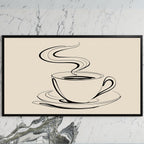 Coffee cup line art art on a black TV on a white marble wall