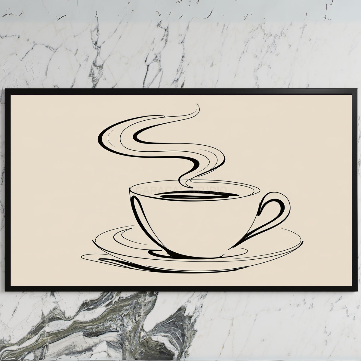 Coffee cup line art art on a black TV on a white marble wall