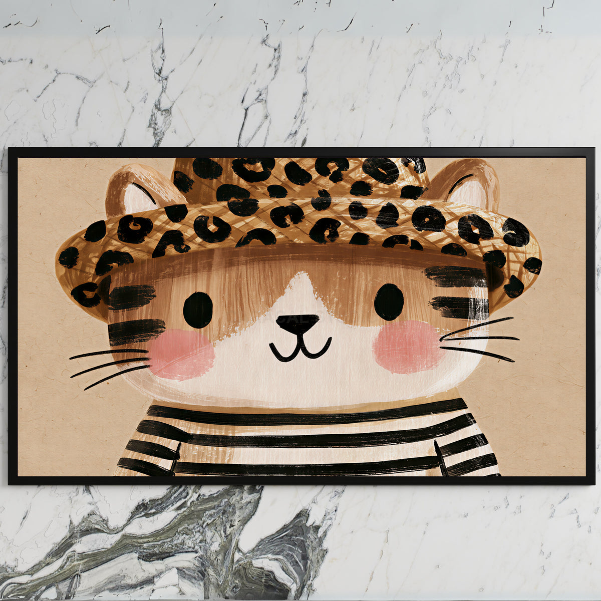 Kitten in a leopard hat art on a black TV on a white marble wall