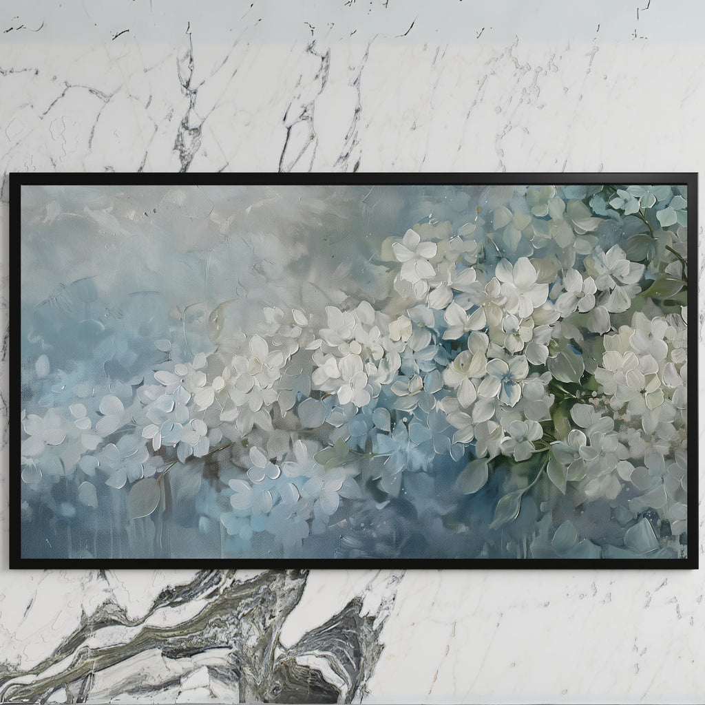 Hydrangea art on a black TV on a white marble wall