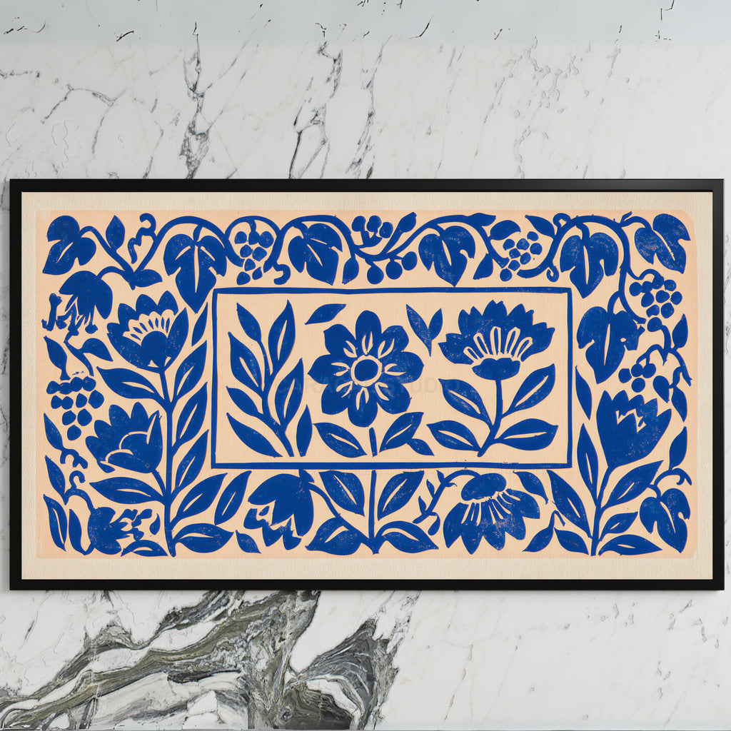 Blue paper cut flowers art on a black TV on a white marble wall