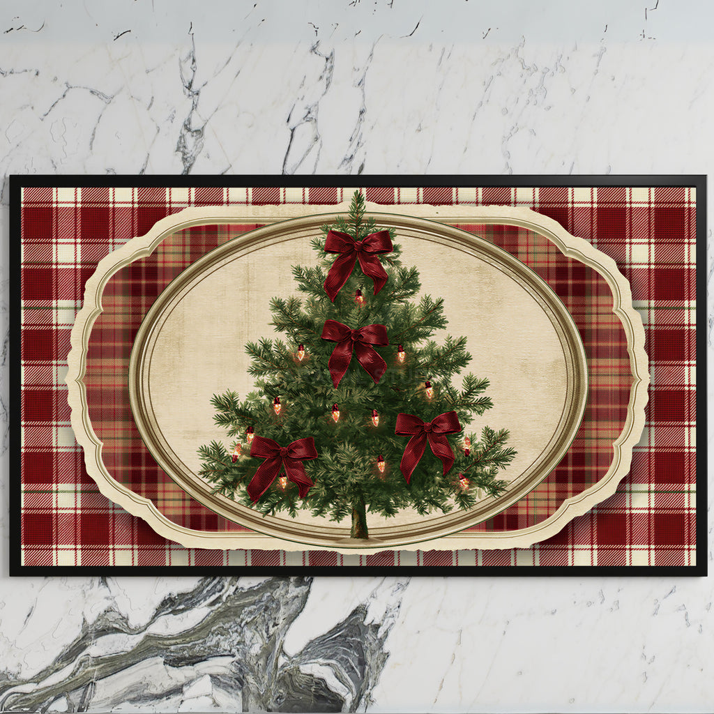 Vintage tree on plaid art on a black TV on a white marble wall