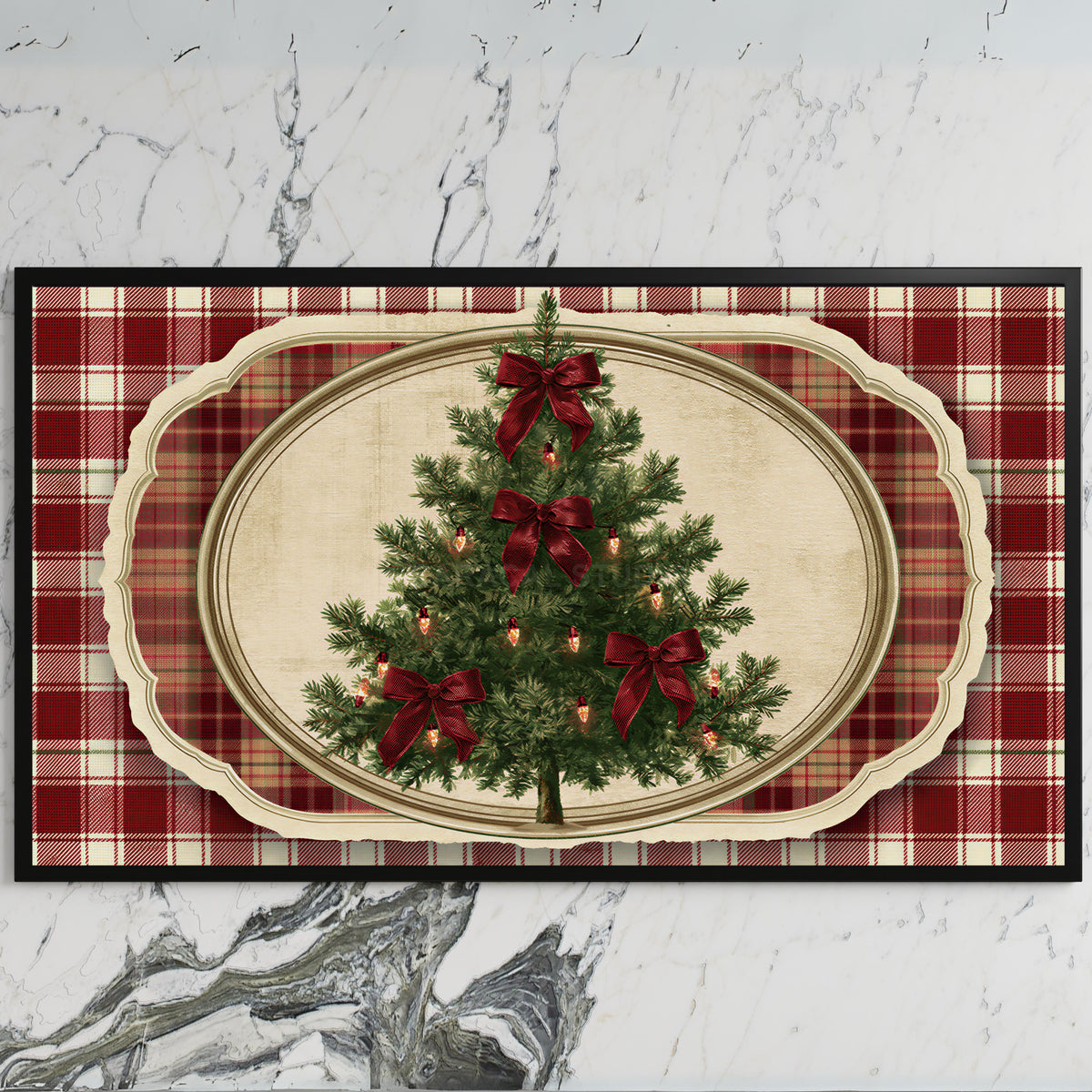 Vintage tree on plaid art on a black TV on a white marble wall