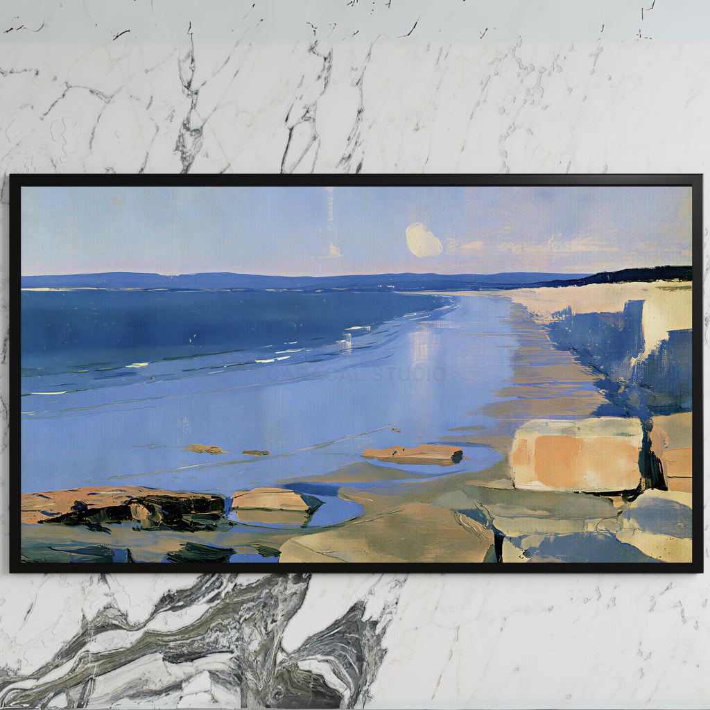 Low tide beach and cliffs art on a black TV on a white marble wall