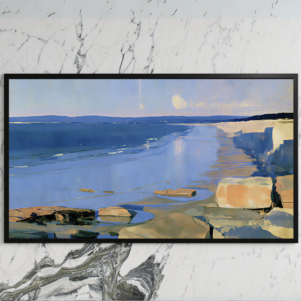 Low tide beach and cliffs art on a black TV on a white marble wall