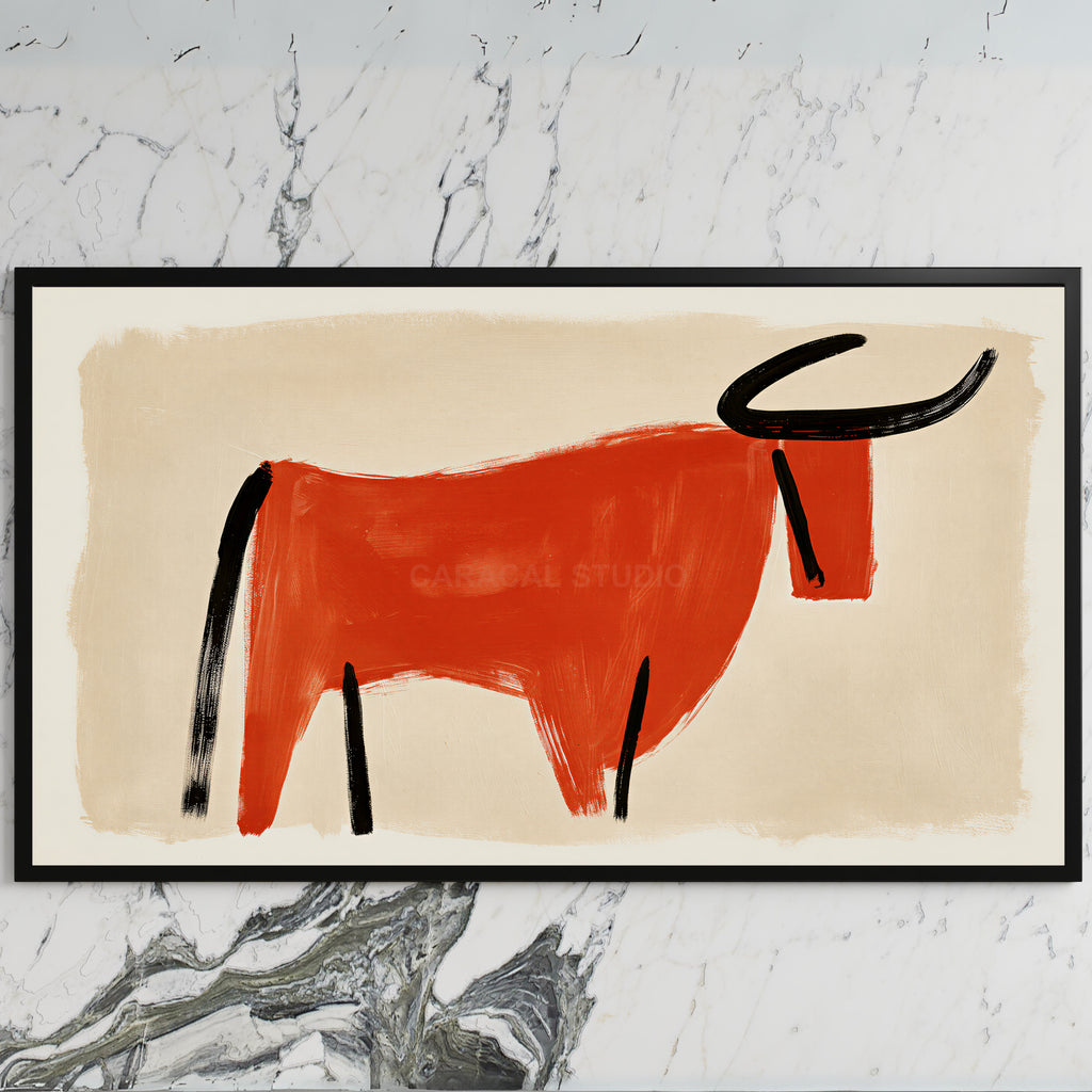 Minimalist bull art on a black TV on a white marble wall