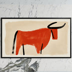 Minimalist bull art on a black TV on a white marble wall